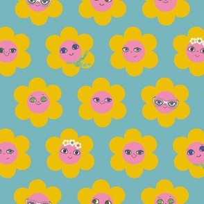 Small 60s Flower Power Daisy Ladies - yellow on light aqua blue - retro floral 