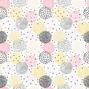 Pink, black and yellow circles and dots, hand drawn abstract geometric shapes 