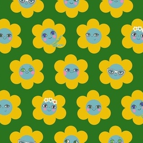 Small 60s Flower Power Daisy Ladies - yellow on green - retro floral 