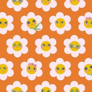 Small 60s Flower Power Daisy Ladies - white on orange - retro floral 