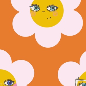 Jumbo 60s Flower Power Daisy Ladies - white on orange - retro floral 