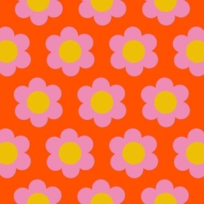 Small  - 60s Flower Power Daisy - pink on tomato orange - retro floral 