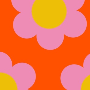 Jumbo 60s Flower Power Daisy - pink on tomato orange - retro floral 