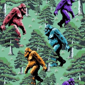 Large Sasquatch Big Foot Pine Tree Forest Mythical Animal, Rainbow Colors Fabric, Yeti Monster on Dark Green, Surreal Bigfoot Forest walk, Hilarious Sasquatch Fun Hiking, Odd Yeti Outdoor Camping Adventure, Peculiar Bigfoot Humor, Colorful Pine Forest Adv