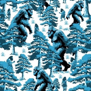 Big Foot Friendly Sasquatch, Walking Cavemen in Pine Tree Forest Toile De Jouy, Mythical Cryptid Yeti Monster in Turquoise