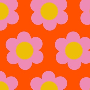 Large 60s Flower Power Daisy - cheerful pink on tomato orange red - retro floral 