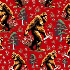 Colorful Sasquatch Forest, Mythical Cryptid Bigfoot Collecting Red White Mushroom and Fungi in Pine Tree  Forest, Yeti Monster