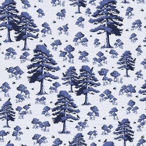 Blue Toile De Jouy Toadstool Busy Bumble Bee Forest, Black Bird Watching on Pine Trees