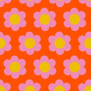 Medium 60s Flower Power Daisy - pink on tomato orange - retro floral 