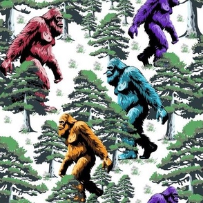 Colorful Sasquatch Walking in Green Pine Tree Forest, Mythical Cryptid Big Foot Yeti Monster