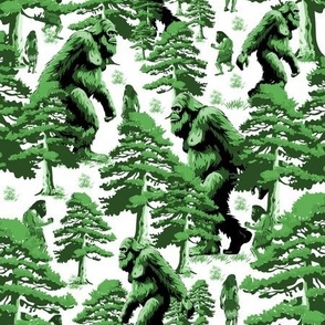 Humorous Sasquatch Walking in Green Pine Tree Forest with Cavemen, Toile De Jouy, Mythical Cryptid Big Foot Yeti Monster, Adventurous Yeti Quests, Kids' Bigfoot Camping Fun, Outdoor Sasquatch Adventures, Whimsical Yeti Treks, Child-friendly Bigfoot Expedi