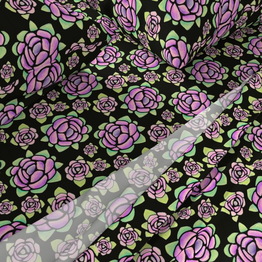 Stained Glass Roses Pink and Green on Black Florals