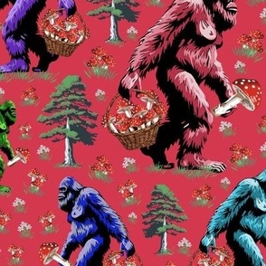 Whimsical Sasquatch Bigfoot Humor Collecting Mushrooms, Foraging Red White cap Toadstool, Yeti Monster Collecting Red White Mushroom Fungi, Mythical Cryptid Creature Forest Cottagecore, Sasquatch Nature Discoveries, Fun Yeti Hiking Trails, Kid Bigfoot Exp