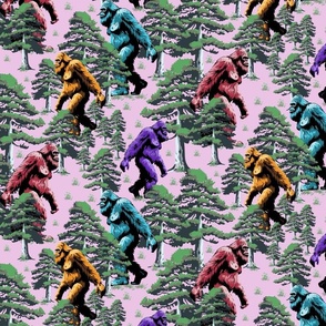 Pink Colorful Bigfoot Walking in Green Pine Tree Forest, Mythical Cryptid Sasquatch Yeti Monster