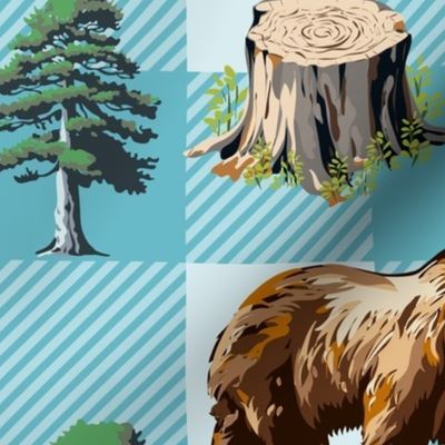Buffalo Bear Plaid, Lumberjack Blue Gingham Check, Pine Tree Forest, Brown Bear on Blue