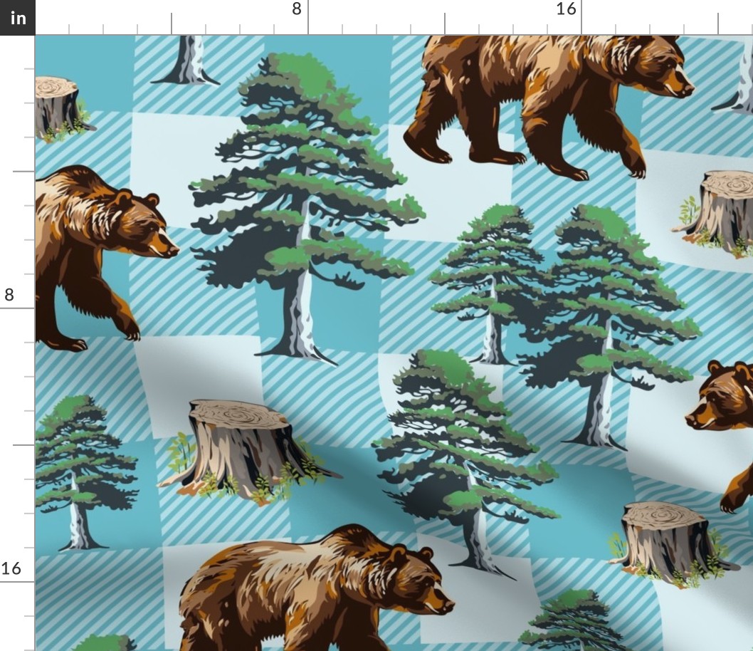 Buffalo Bear Plaid, Lumberjack Blue Gingham Check, Pine Tree Forest, Brown Bear on Blue