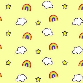 Rainbows, clouds and stars on yellow