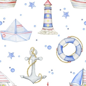 Beach House Baby Boy Nursery Nautical Watercolor Lighthouse Anchor Sailboat