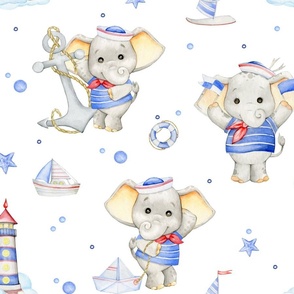 Baby Boy Elephant with Toys Lighthouse Sailboat Anchor Semiphor Flags Lifebuoy Artistic Watercolor