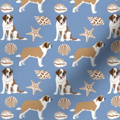 St Bernard Dog Ocean Sea Shells Denim blue small print dog fabric
