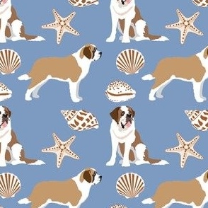 St Bernard Dog Ocean Sea Shells Denim blue small print dog fabric
