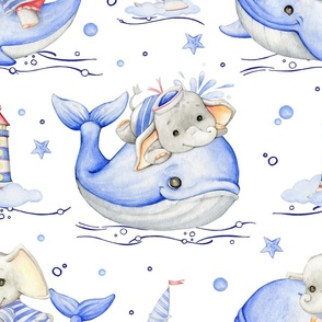 Baby Boy Elephant Riding Whale with Lighthouse Artistic Watercolor Drawing
