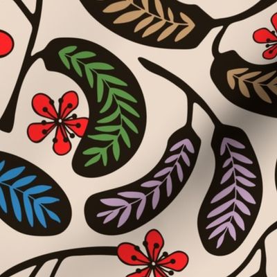 Hilo Vintage 1950s Hawaiian Style Tropical Floral in Coral Red Purple Green Blue Brown Charcoal on Cream - MEDIUM Scale - UnBlink Studio by Jackie Tahara