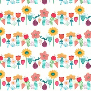 Rows of Bright Mod Flowers on White - Large