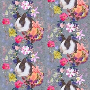 4x4-Inch Half-Drop Repeat of Spring Flowers on Slate Background with Baby Rabbits