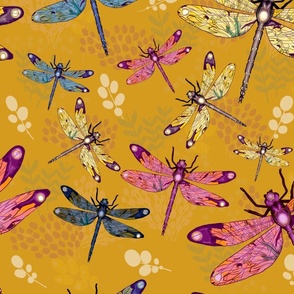 Bright floral Dragonflies on mustard yellow 
