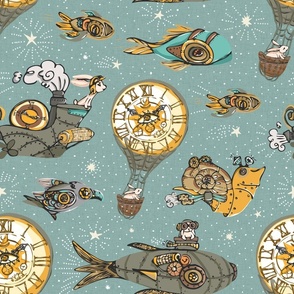 Time machines adventures_Vintage Steampunk Era ___ TURQUOISE palette_MEDIUM SCALE