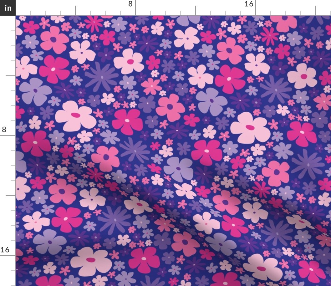 retro purple florals, hot pink, groovy 60s pattern, 70s flowers, purple flowers, girly, for teen girl, barbiecore barbie