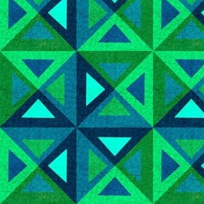 Euphoric Spring textured triangle patchwork geometric 6” repeat indigo, lime green, emerald, pale  blue