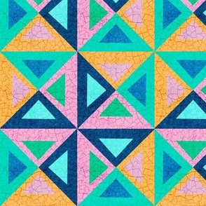 Euphoric Spring textured triangle patchwork geometric 6” repeat Green, indigo, pink, jinquil