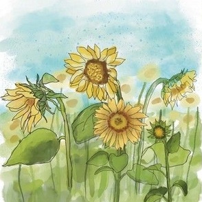 Yellow Sunflowers Field Watercolor