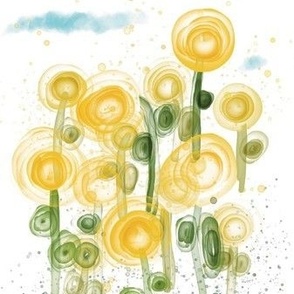 Yellow Sunflowers Field Watercolor 