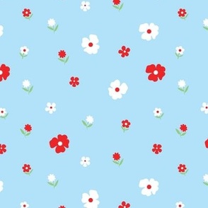 cute ditsy daisy florals, baby blue, red, white, modern, flowers, baby fabric, meadow