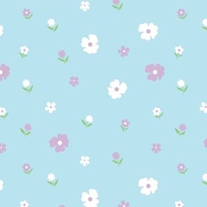 cute ditsy daisy florals, baby blue, lilac, white, modern, flowers, baby fabric, meadow, pastels