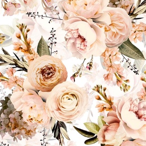 Soft Peach Summer Peonies- Vintage Real Flowers - off white double layer