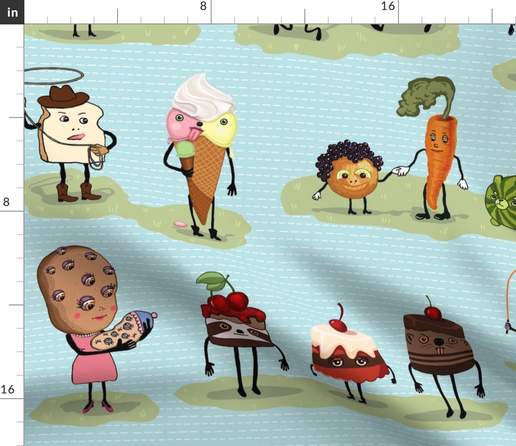 Anthropomorphic cute food Wallpaper 24 inch square repeat for wallpaper