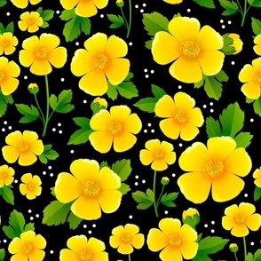 Large Scale Yellow Buttercup Flowers on Black