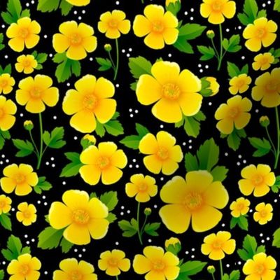 Medium Scale Yellow Buttercup Flowers on Black