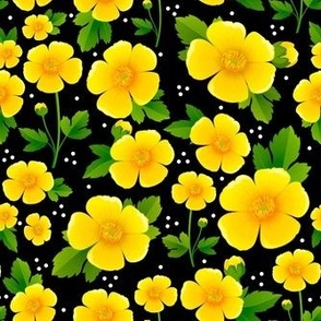Medium Scale Yellow Buttercup Flowers on Black