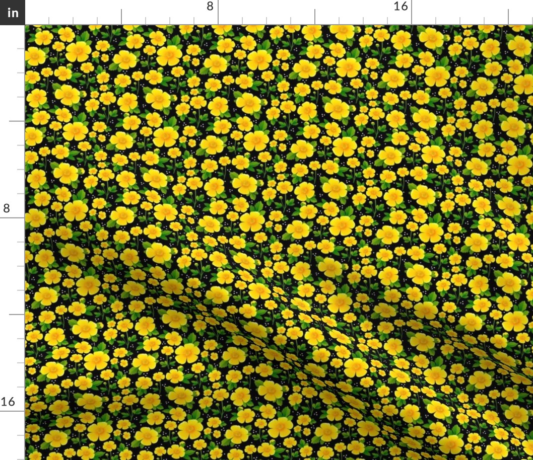 Small Scale Yellow Buttercup Flowers on Black