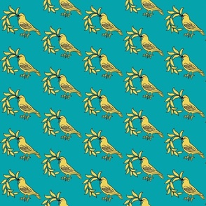 Voysey Doves with Olive Branch Yellow Bird  on Teal Arts and Crafts