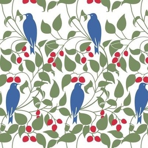 Voysey Blue Birds with Berries on White 