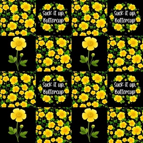 Bigger Scale Patchwork 6" Squares Suck It Up Buttercup Yellow Flowers on Black for Cheater Quilt or Blanket