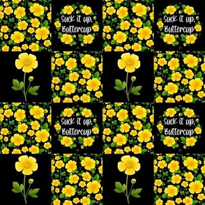 Smaller Scale Patchwork 3" Squares Suck It Up Buttercup Yellow Flowers on Black for Cheater Quilt or Blanket