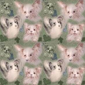 3x3-Inch Repeat of Dear Little Papillon Dogs on Woodland Green Background