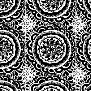 Doodle Floral Mandala -Black on White